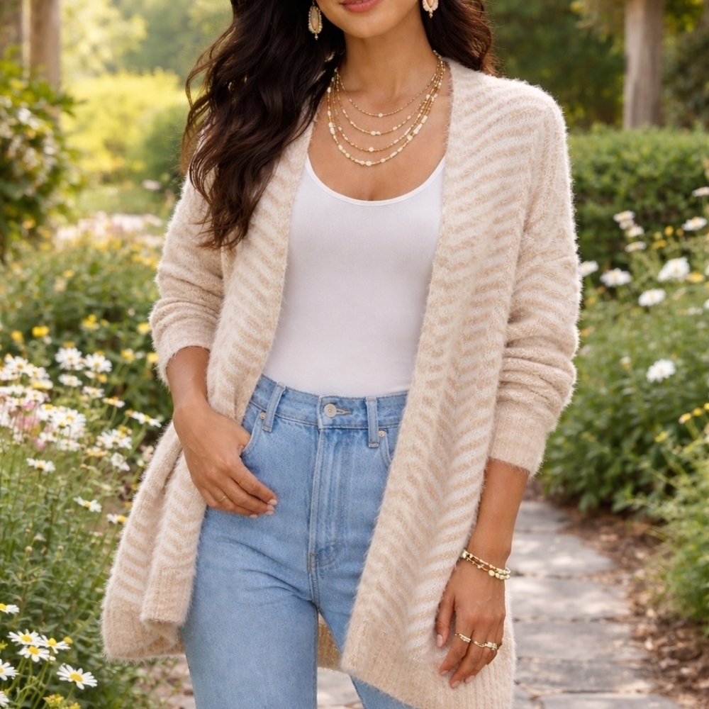 SUGARLIPS Cozy Fuzzy Chevron Knit Cardigan Beige Cream Open Front Boho Soft M
